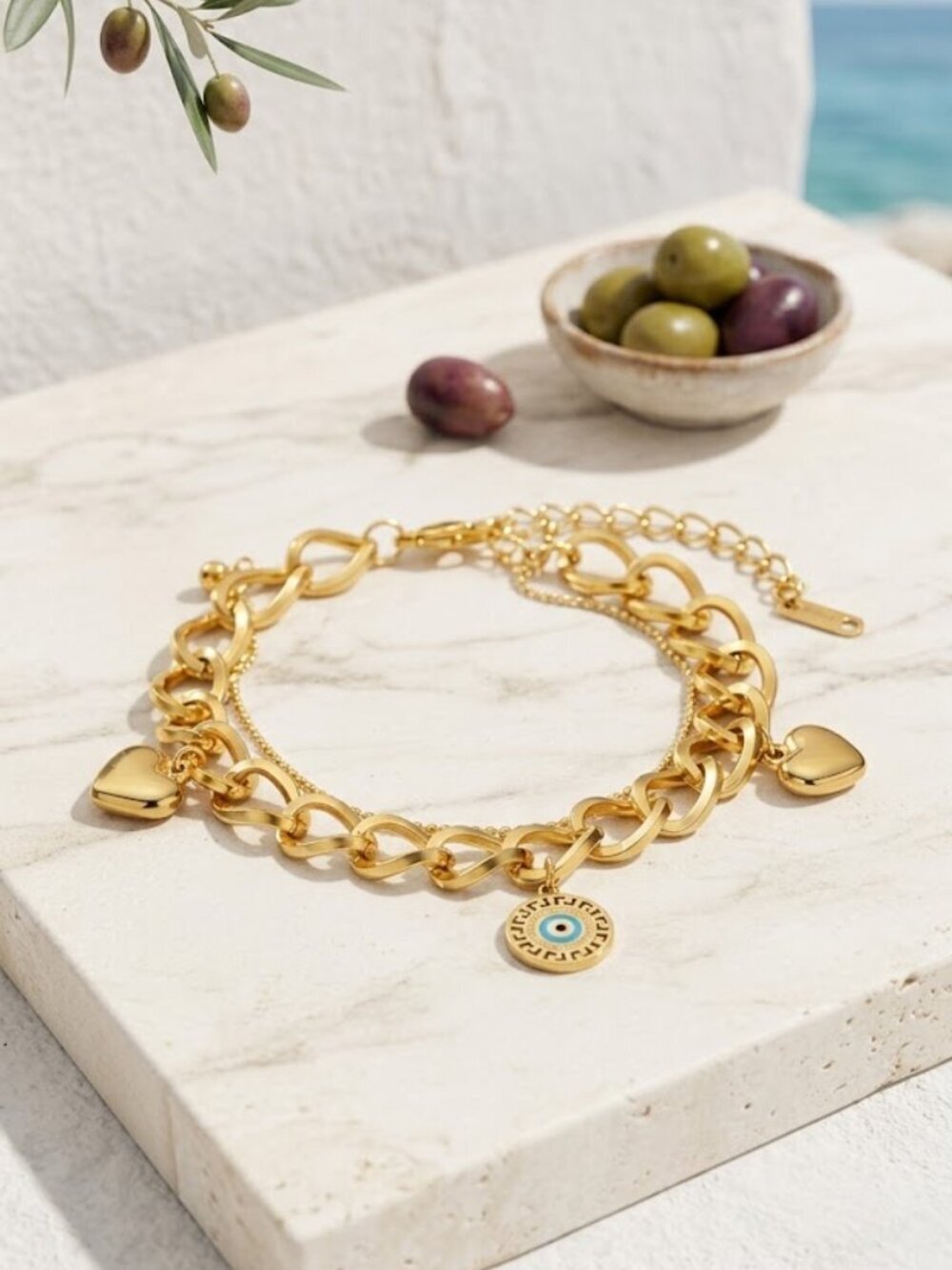 Double Chain 18K Gold Plated Heart Evil Eye Charm Bracelet Chunky Adj 6-8.5"